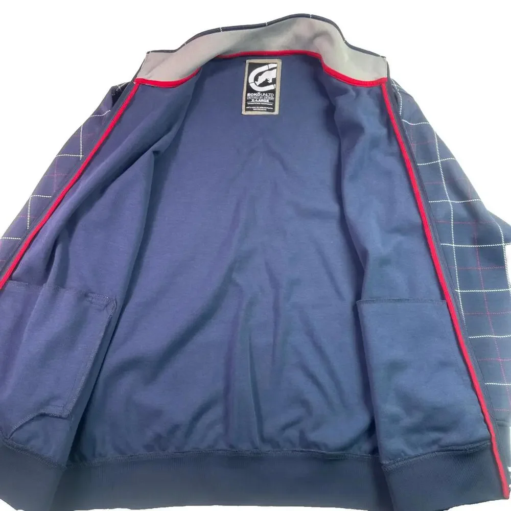 Ecko Unltd Track Jacket Mens XL Blue Plaid Full Zip Embroidered Hip Hop Y2K